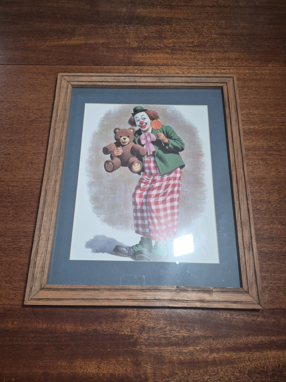 Vintage Classic Clown Art Signed  Print in Red and‎ Green - Wooden Framed Art